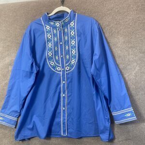 Bob Mackie Wearable Art Top Womens 1X Blue Embroidered Floral Cottagecore Retro